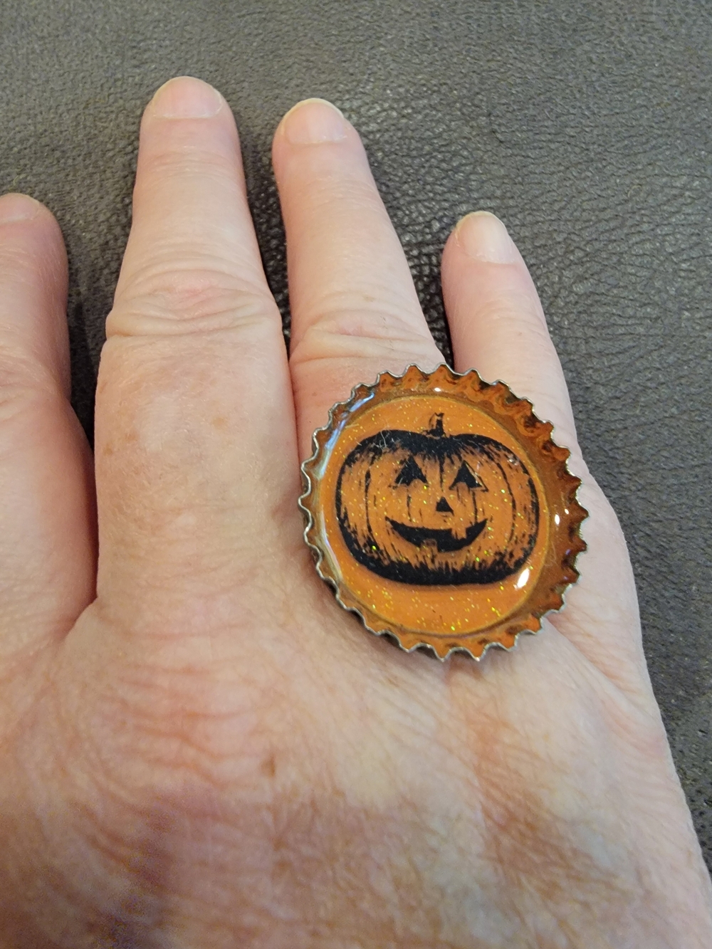Halloween Pumpkin Bottle Cap Ring - Orange Costume Accessory